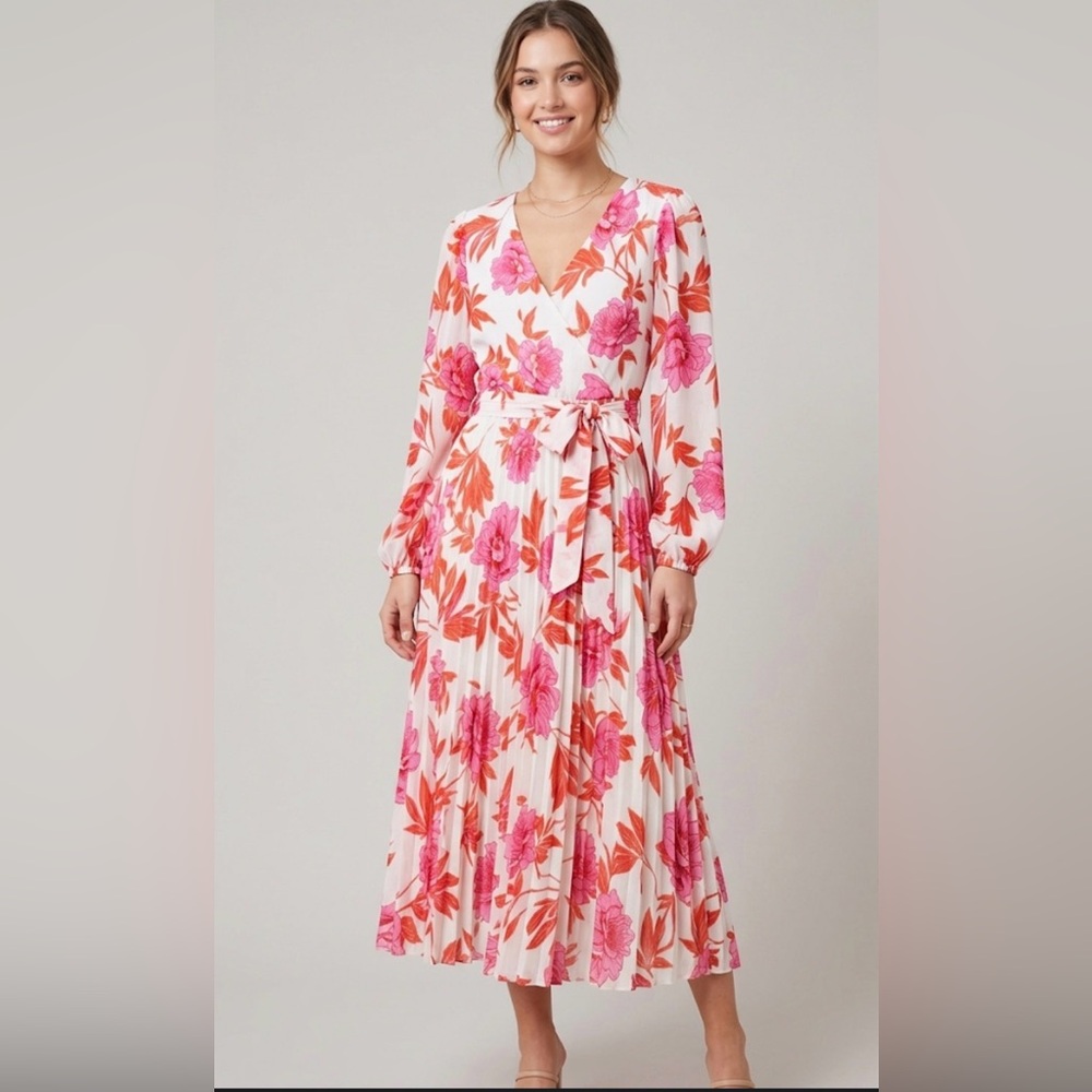 NWT Kensie Floral Pleated Faux Wrap Maxi Dress Long Sleeve Pink & Orange Size 10